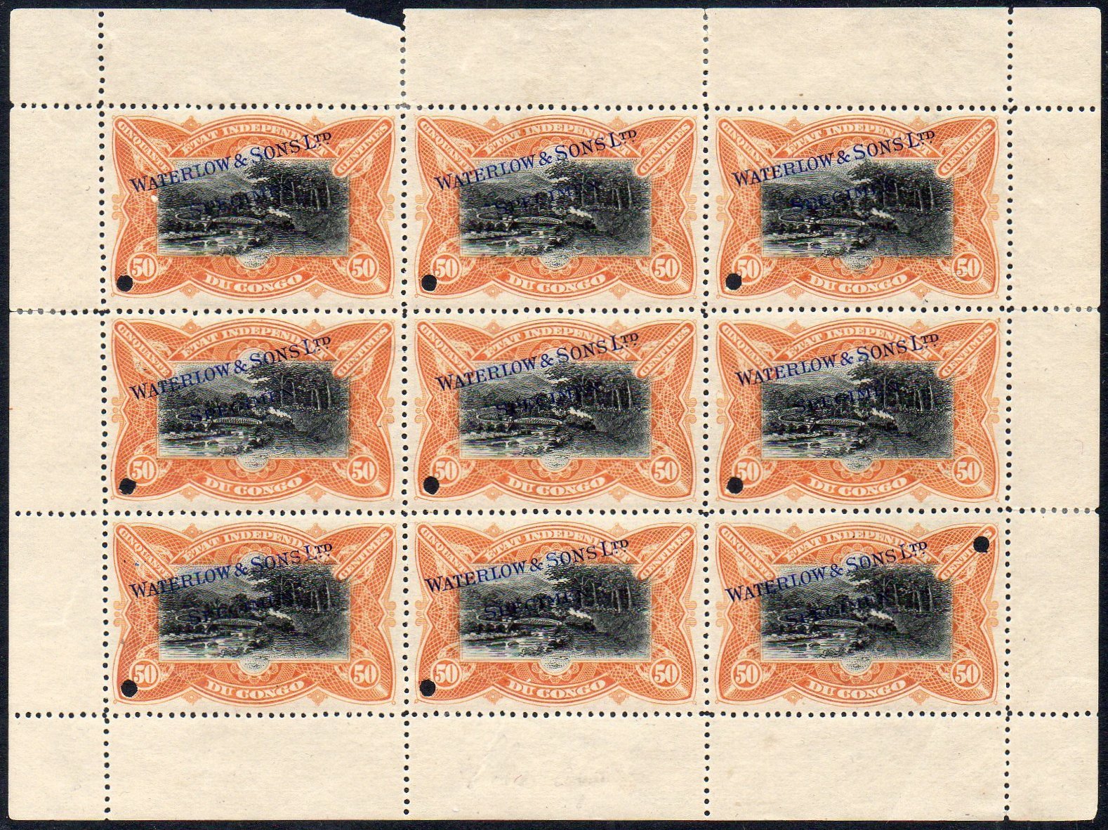 Belgian Congo specimen 50c sheetlet/9 var